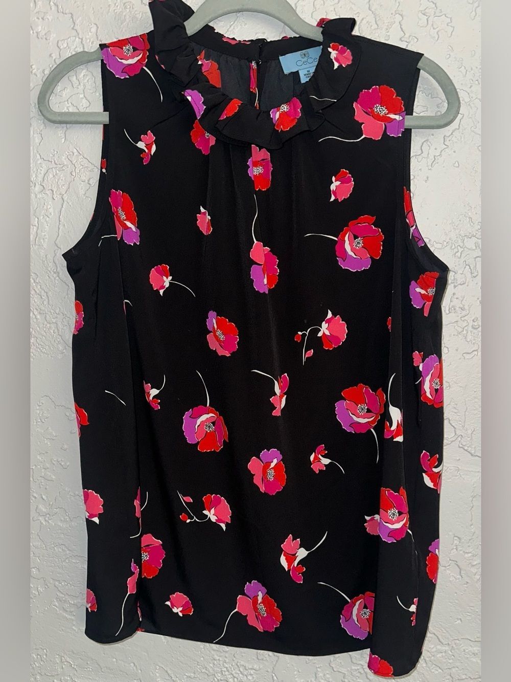 CeCe Black Sleeveless Ruffle Neck Camisole with Pink & Red Floral Print